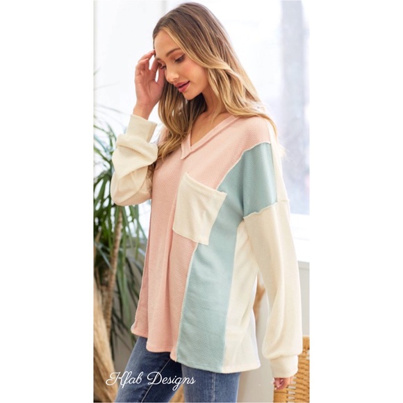 LAST 1! V Neck Pastel Palette Textured Soft Hacci Color Block Top! - Picture 8 of 9